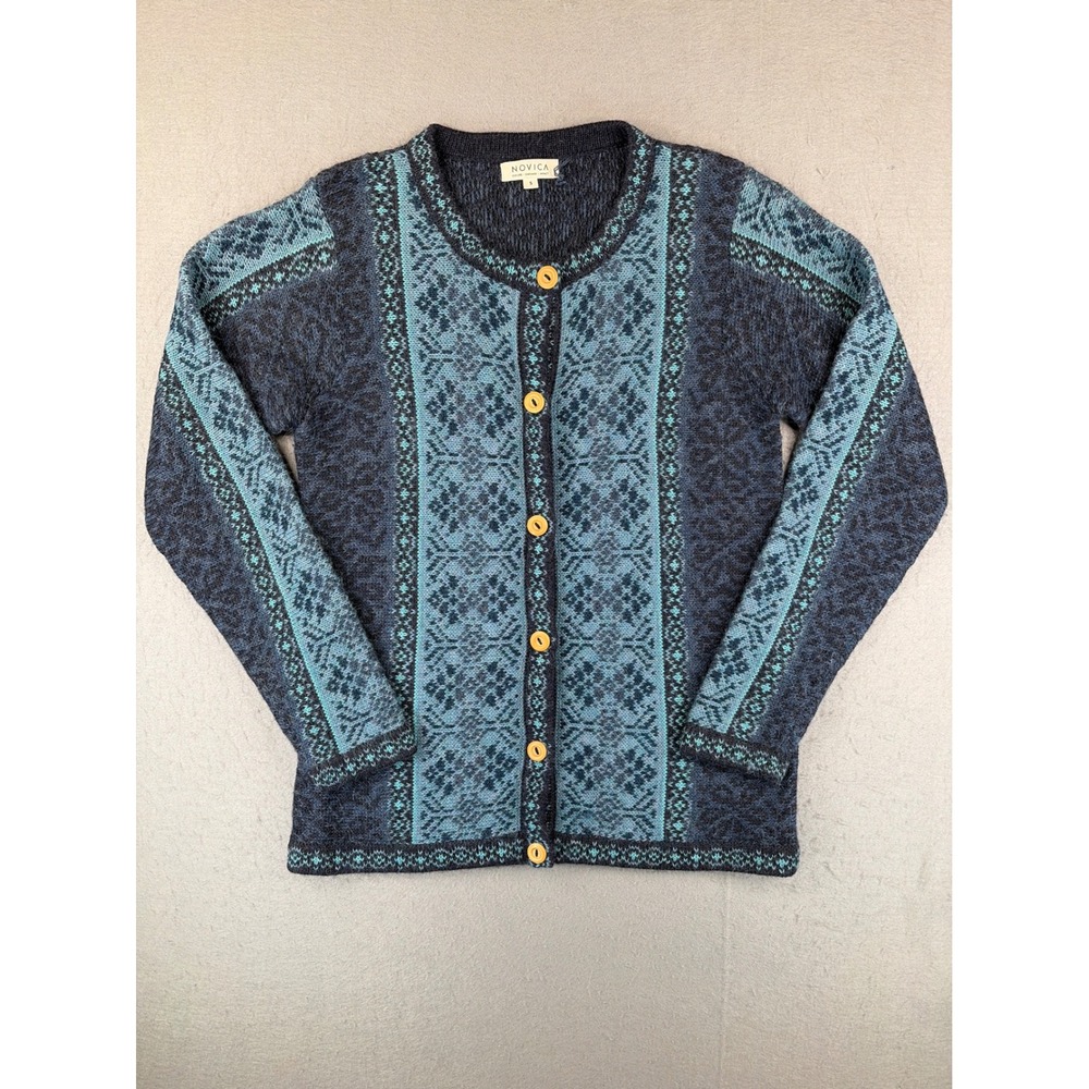 Novica 100% Alpaca Wool Cardigan Sweater Navy Blue Turquoise Peru Knit Womens S